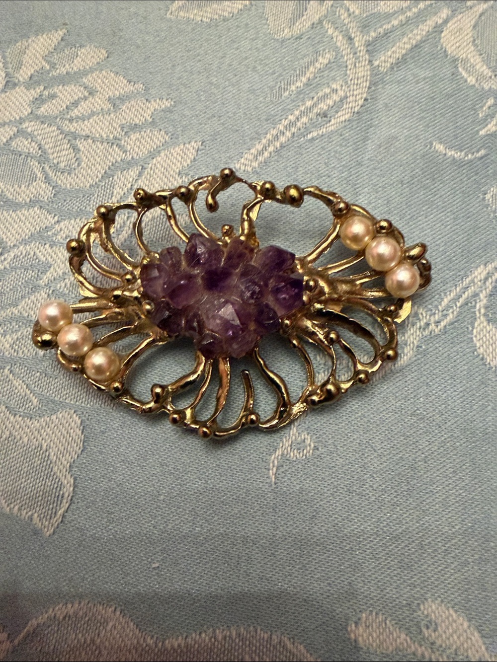 Vintage Silver Tone Brooch with Purple Quartz Cluster and Pearl like Accents